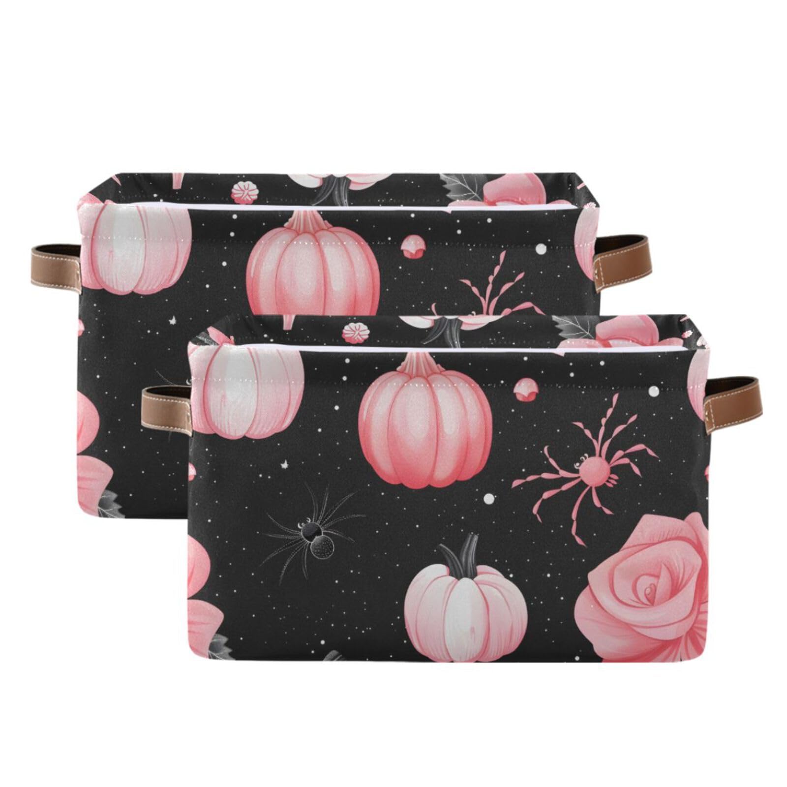 Storage Basket Halloween Pink Pumpkin with Rose Canvas Collapsible Box Organizer Bin with Handles