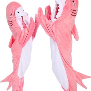 BEVITA Shark Blanket Hoodie Kids shark Wearable Blanket Gifts for Girls Onesie, pink shark, 140