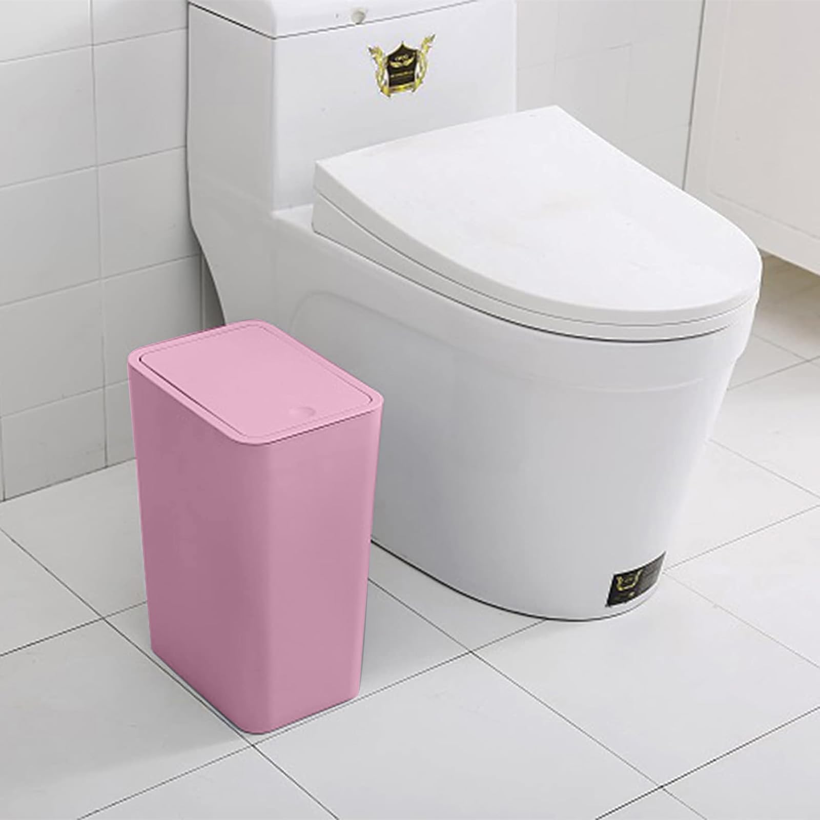 1.98 Gallon Bathroom Trash Can with Lid, 9 Liters Slim Garbage Can with Press Top, Dorm Room Small Trash Bin, Plastic Waste Basket for Bathroom, Office, Bedroom, Kitchen, Living Room, Laundry (Pink)