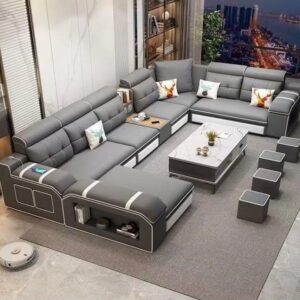 ALKKAR Modern Fabric U-Shaped Sofa Multifunctional Corner Sofa Combination Living Room Furniture Sofa Set with USB Connection, Modern Gray Leather Sectional Sofa Set for Living Room, Home Office