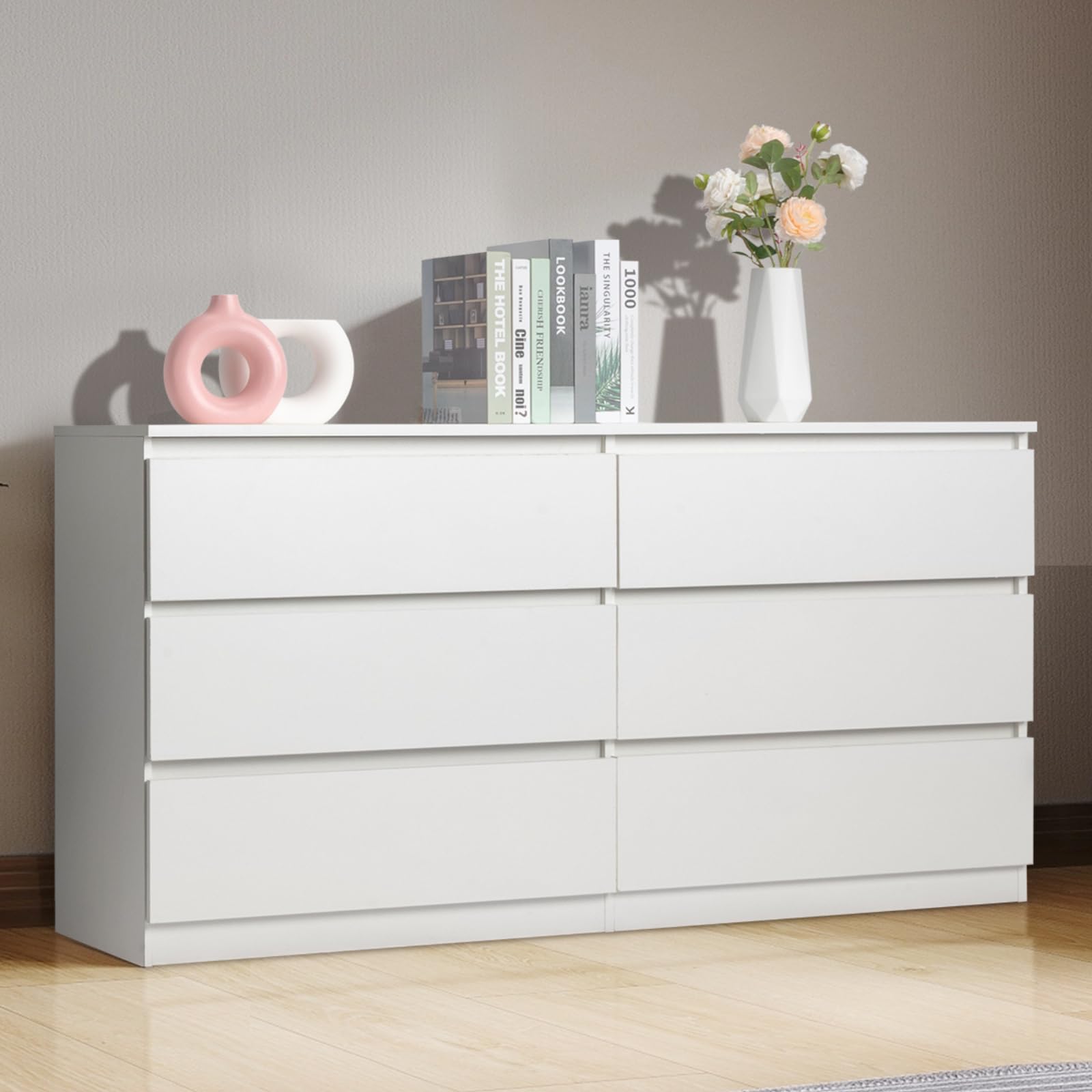 HOBBYZOO 6 Drawer White Dresser for Bedroom, Wood Dresser with Drawers, 55" Long Dresser with Drawers, Bedroom Furniture with Large Storage, Double Dresser Chest of Drawers