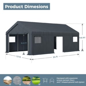 GREEN PARTY Carport, 13'x24' Extra Large Heavy Duty Carport with Roll-up Windows, Waterproof & 12 Legs Car Canopy Portable Garage Shelter with Removable Sidewalls & Doors for Car, Truck, SUV, Boat