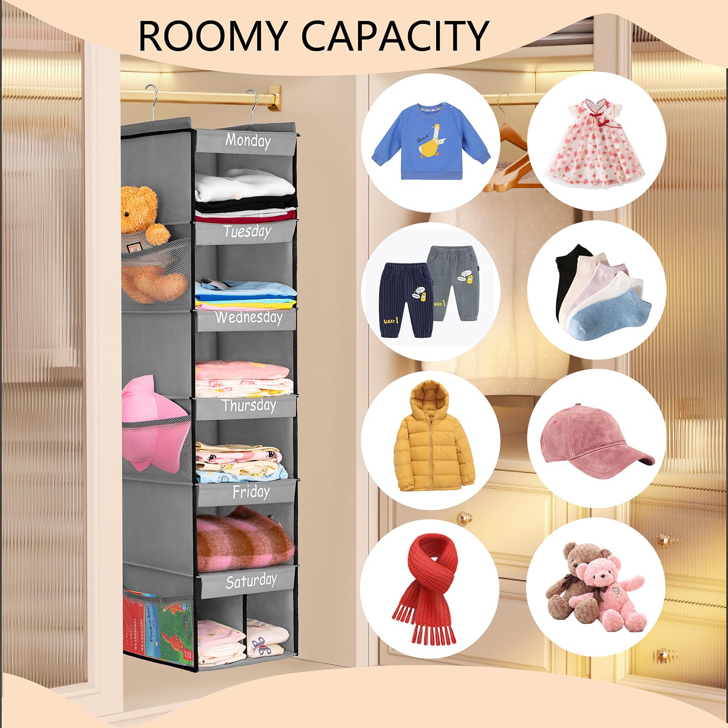 TEMUORG Weekly School Clothes Organizer Days of Week Clothing Organization for Kids Hanging Closet Shelf Storage with Monday to Saturday Layers (Rod Hanging)