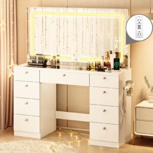 JassmiPkwy Makeup Vanity Desk with Mirror - 46 INCH Glass Tabletop Vanity Table with Lights, Drawers, Power Outlet, Large Storage Desk for Bedroom, White