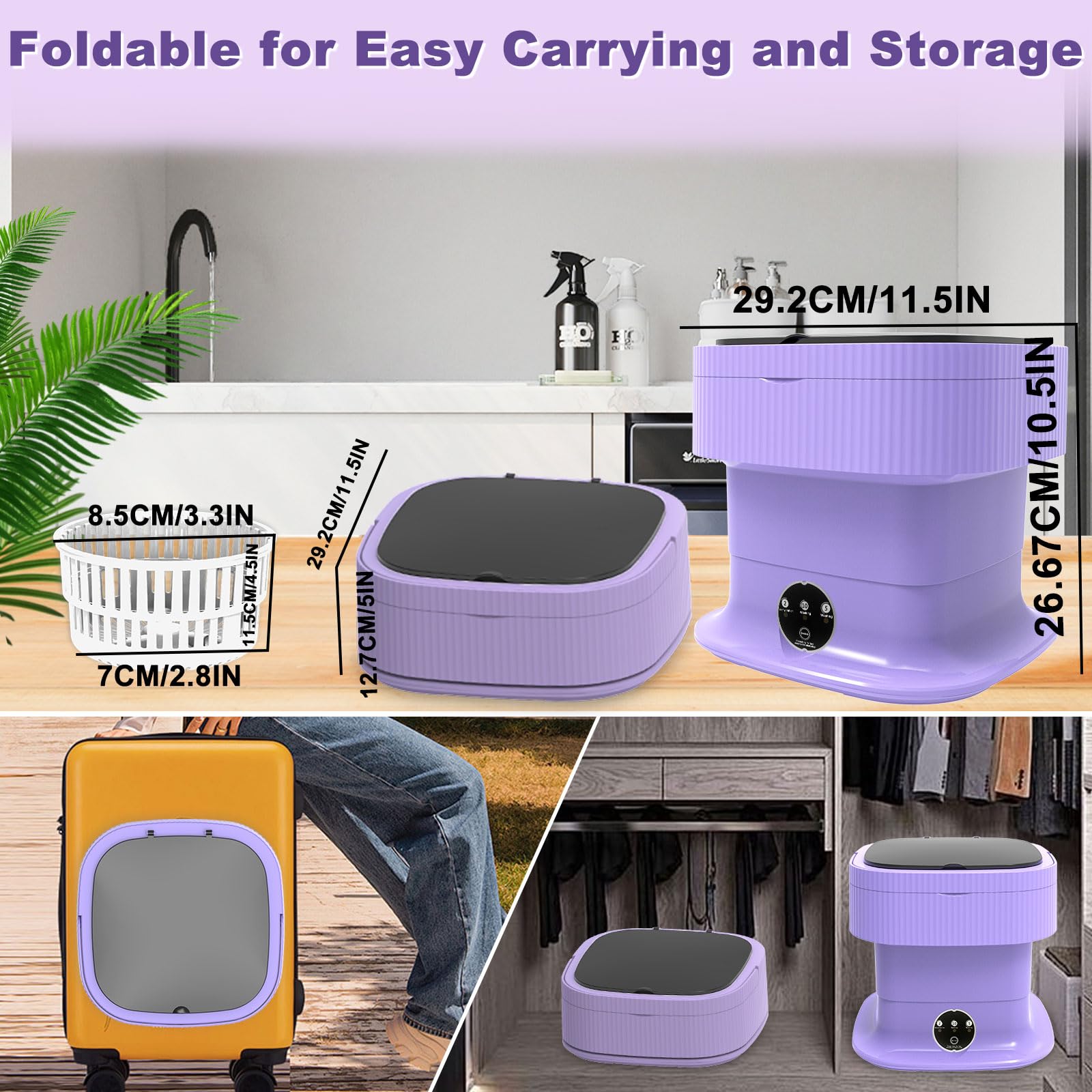 13L Mini Washing Machine, Small Portable Washer with Spin Dryer, Collapsible Luandry Washer, Foldable Compact Lavadora Portatil for Baby Clothes, Underwear, Travel, Camping, Apartments, Purple