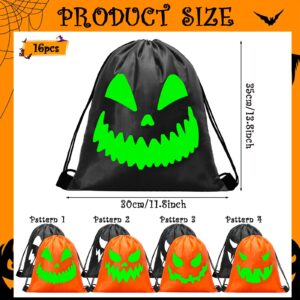 Tinrbip 16 Pcs Halloween Favor Bags, Glow in The Dark Ghost Treat Bags, 11.8 x 13.8 Inch Spooky Face Trick Drawstring Bag, Luminous Goodie Backpack Bags for Classroom Halloween Party Supplies