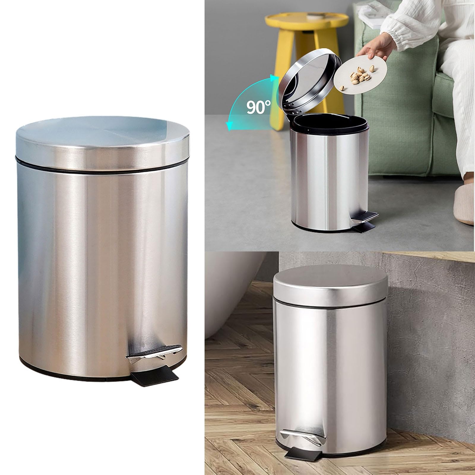 3 L Household Pedal Operated Covered Stainless Steel Mini Trash Can with Removable Inner Bucket, Closable Lid, Foot Pedal for Kitchen Bathroom Kitchen Office