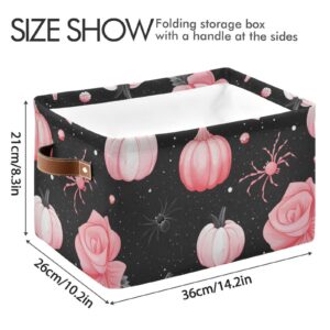 Storage Basket Halloween Pink Pumpkin with Rose Canvas Collapsible Box Organizer Bin with Handles