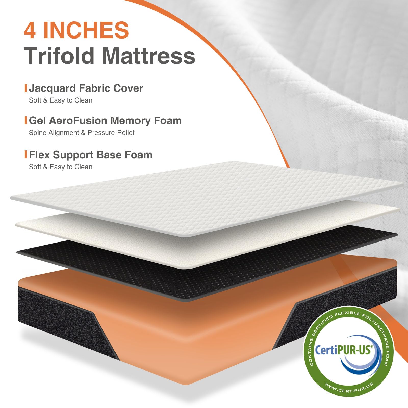 Sweetcrispy Tri-fold Memory Foam Mattress - 3 Inch Single Size Portable Bed Pad, Foldable Floor Mat, Collapsible and Washable Cover with CertiPUR-US Certified, for Travel & Camping & Yoga