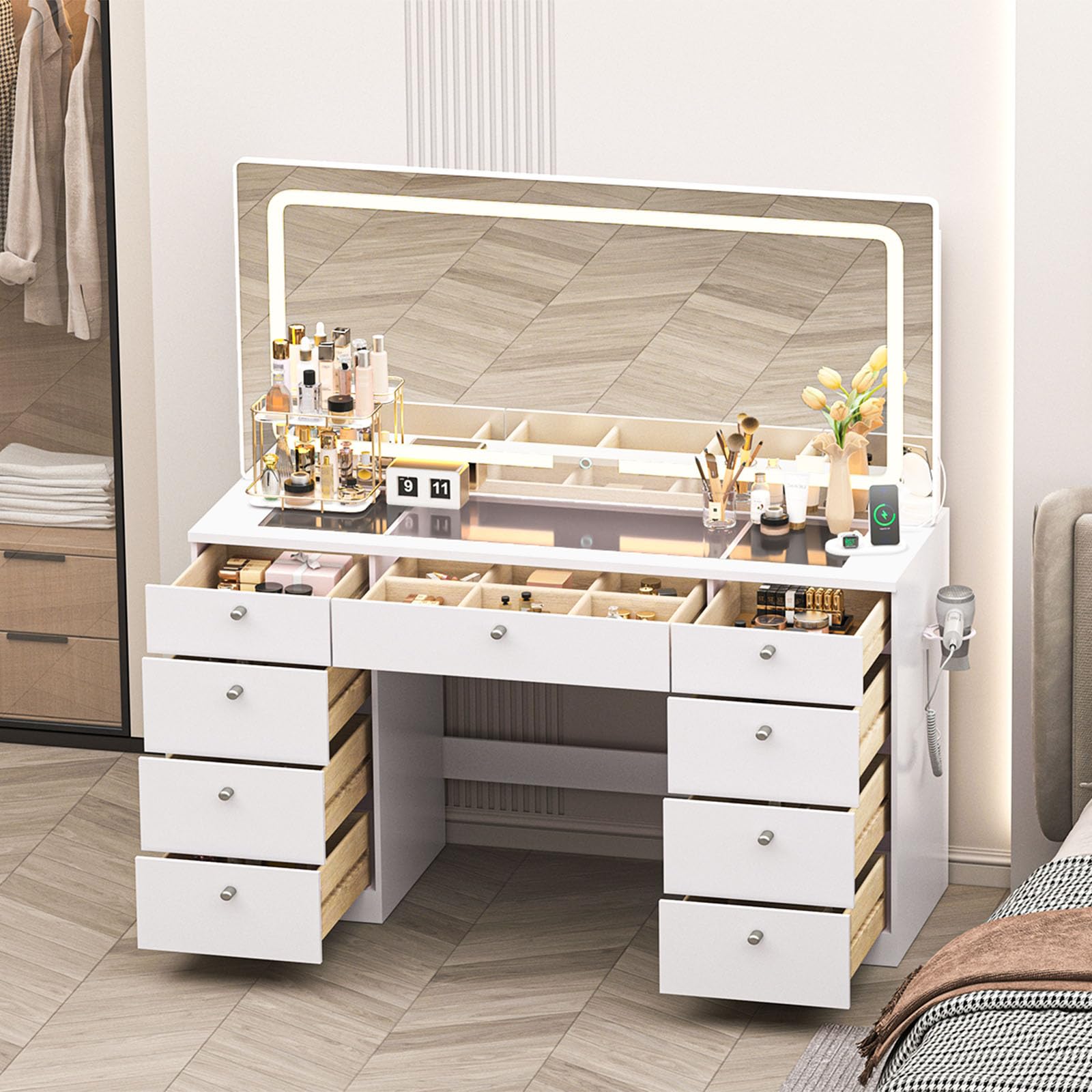 JassmiPkwy Makeup Vanity Desk with Mirror - 46 INCH Glass Tabletop Vanity Table with Lights, Drawers, Power Outlet, Large Storage Desk for Bedroom, White