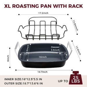 HONGBAKE Nonstick Turkey Roasting Pan with Rack - 18.7×13.6 Inch Extra Large Roaster Pan for 25 lb Chicken, Deep Turkey Tray for Oven, U-Shaped Rack, Wider Handles, Heavy Duty, Non Toxic, Grey