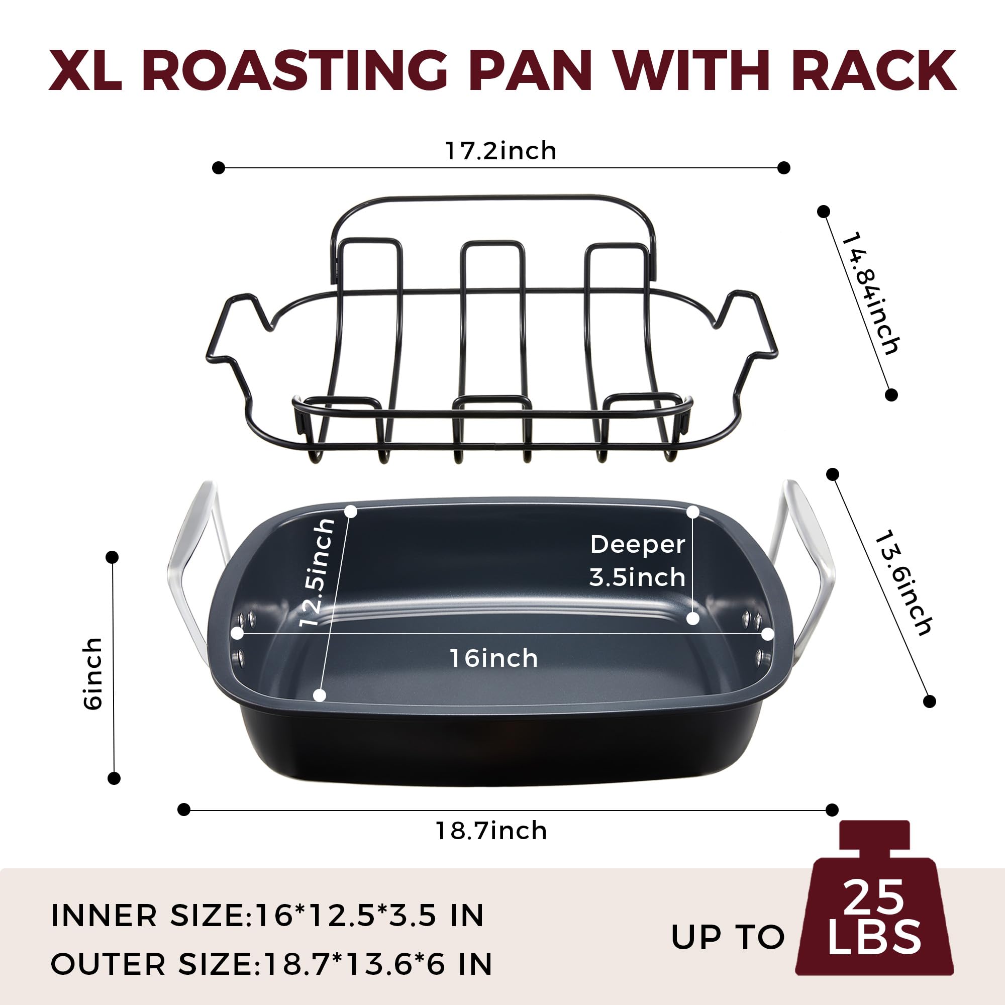 HONGBAKE Nonstick Turkey Roasting Pan with Rack - 18.7×13.6 Inch Extra Large Roaster Pan for 25 lb Chicken, Deep Turkey Tray for Oven, U-Shaped Rack, Wider Handles, Heavy Duty, Non Toxic, Grey