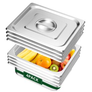 bakpoco hotel pan 1/2 half size - steam pan with lid 4" deep 4 packs food pan anti jam stainless steel buffet pan commercial stainless steel pan