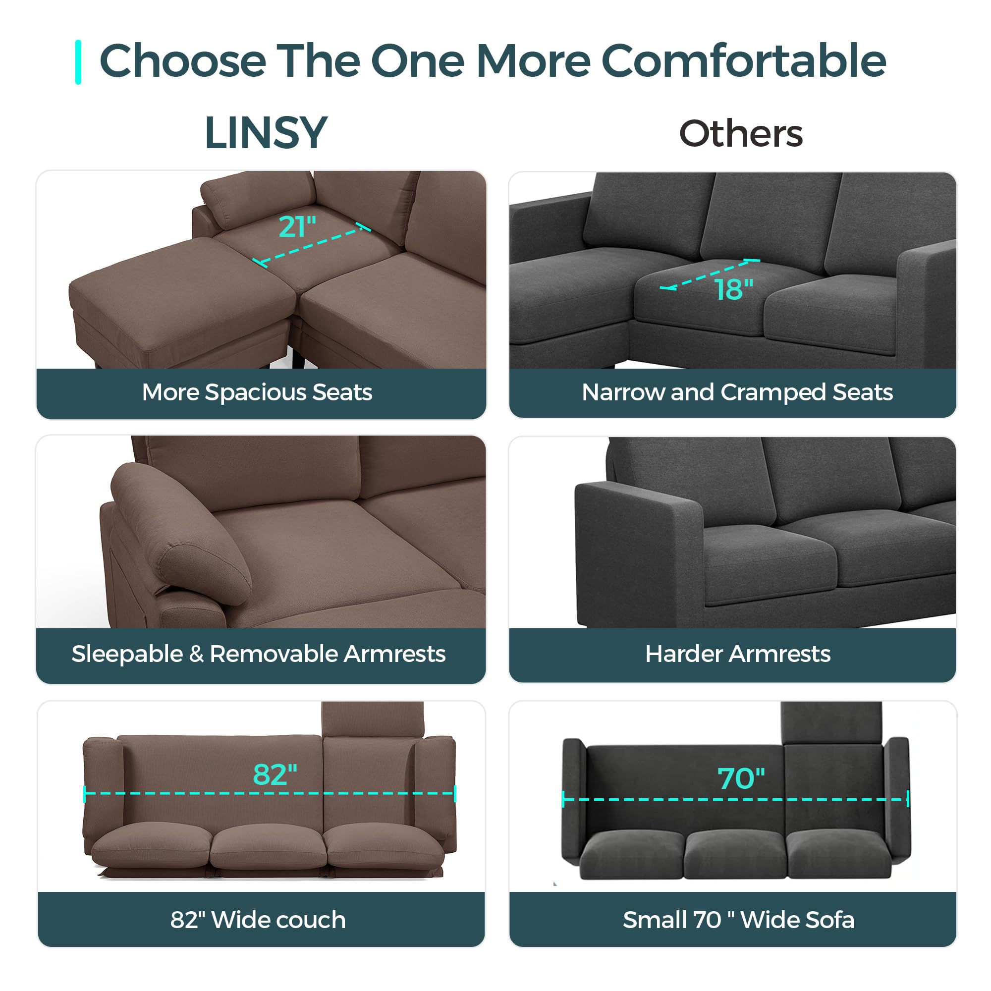 LINSY HOME 82" Reversible Sectional Sofa Couch, 3 Seater L -Shaped Sofa with Ottoman, Sectional Couch with Storage Bag and Sleepable Armrest for Living Room, Brown