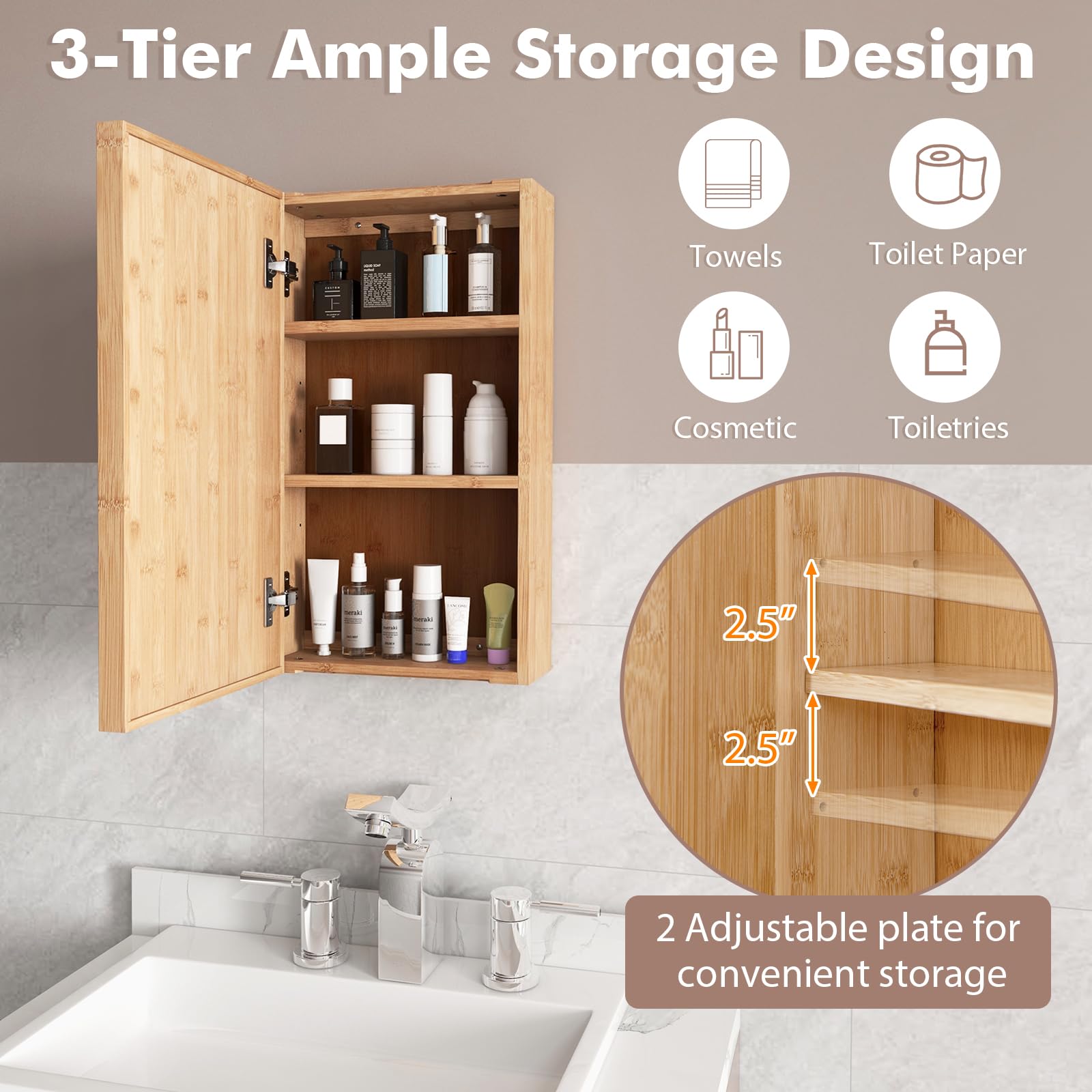 RELAX4LIFE Bamboo Medicine Cabinet with Mirror - Bathroom Cabinet Wall Mount w/Single Door, 2 Adjustable Shelves, Hanging Small Storage Cabinet for Entryway Living Room, Mirrored Bathroom Wall Cabinet