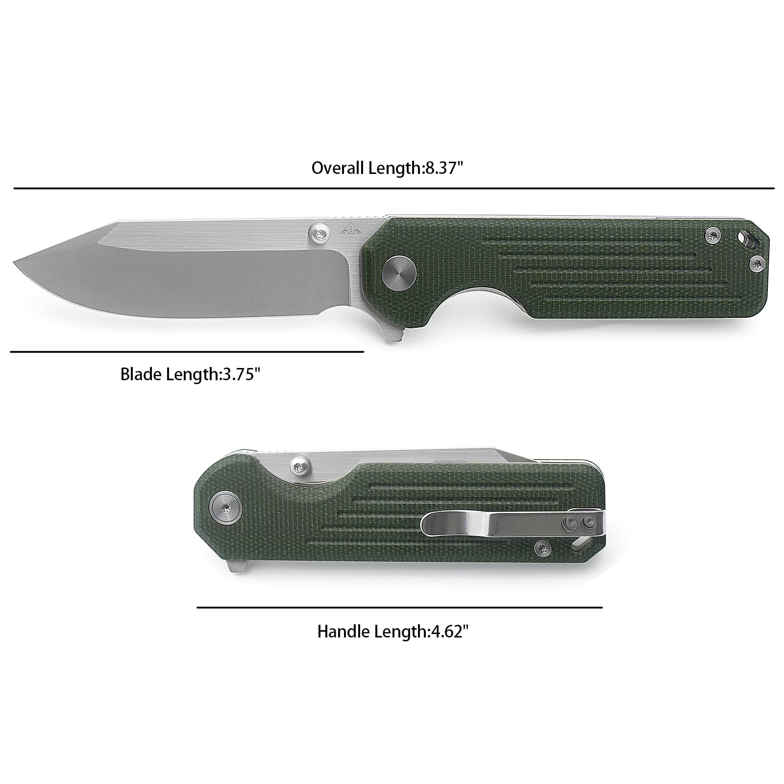 A Ameight · Knives Gladiator Flipper Folding Knife 3.75" Satin 14C28N Blade Green Micarta Handle With Deep Pocket Clip Camping Hiking Pocket Knife AM8-503MGN