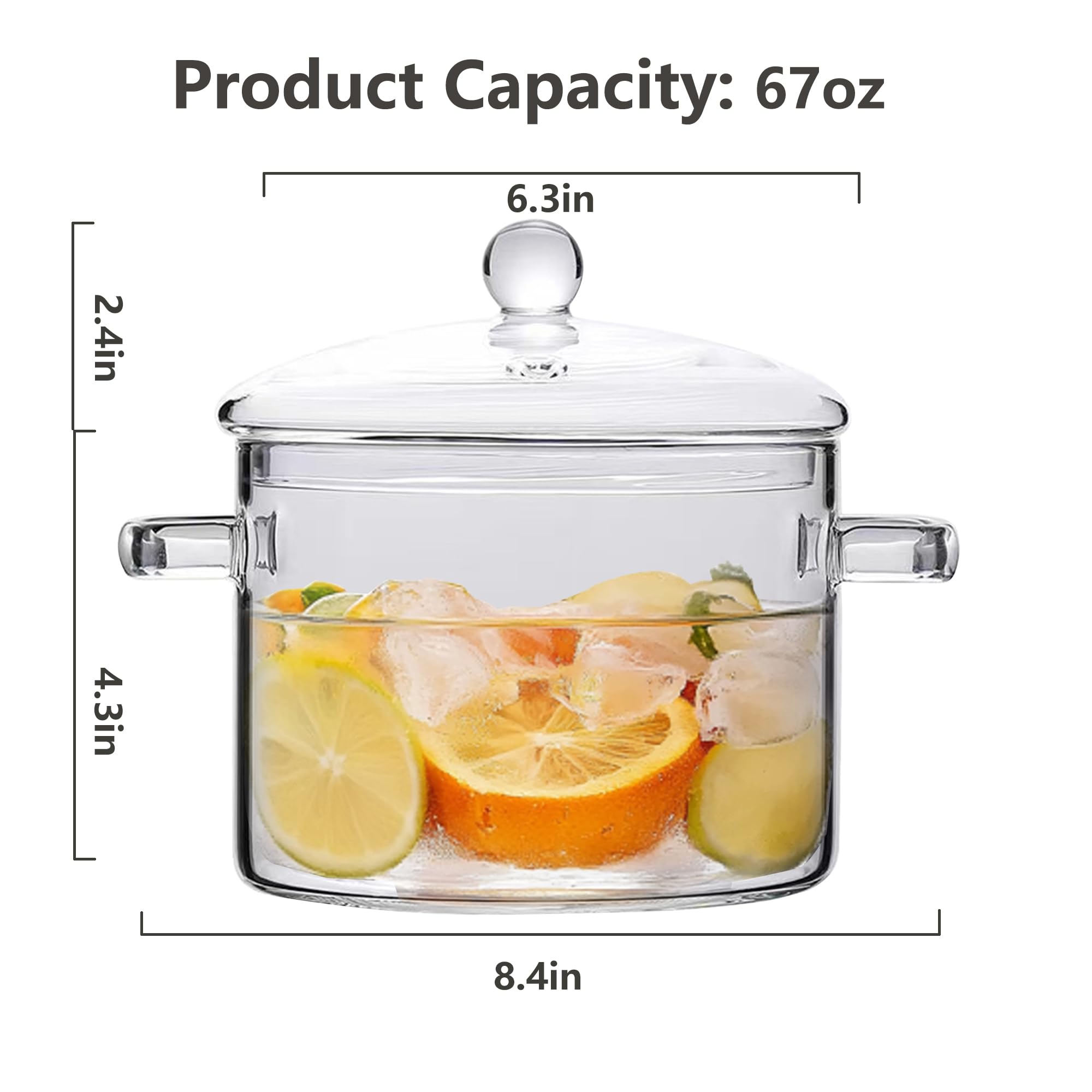 1900ML/67oz Glass Clear Saucepan with Lid,Best Handmade Easy Clean Heat Resistant Glass Cooking Pot for Noodles, Soup, Cereals, Fruits