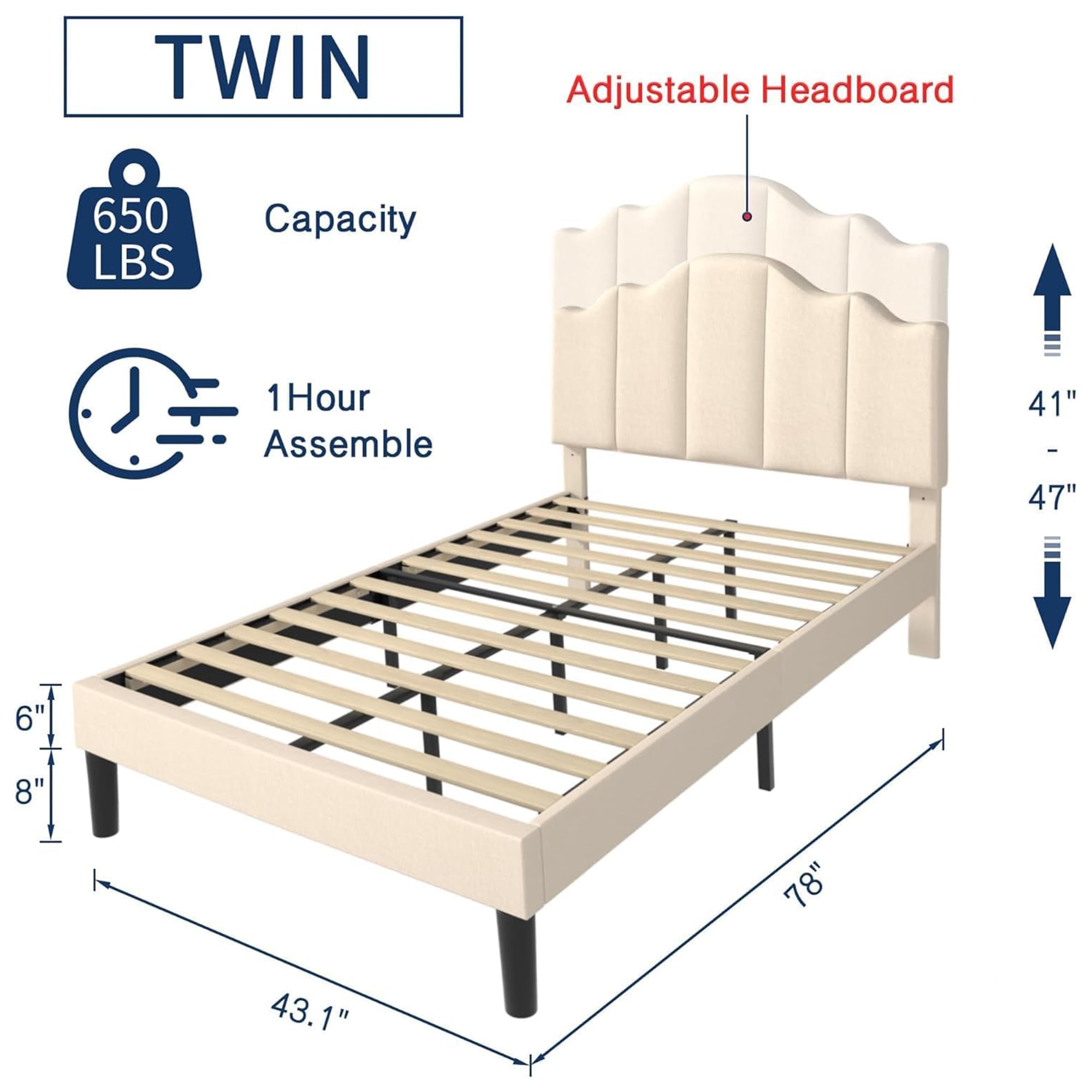 VECELO Twin Size Upholstered Platform Bed Frame with Adjustable Headboard, Wood Slat Support and Noise-Free, No Box Spring Needed, Easy Assembly, Pale Beige