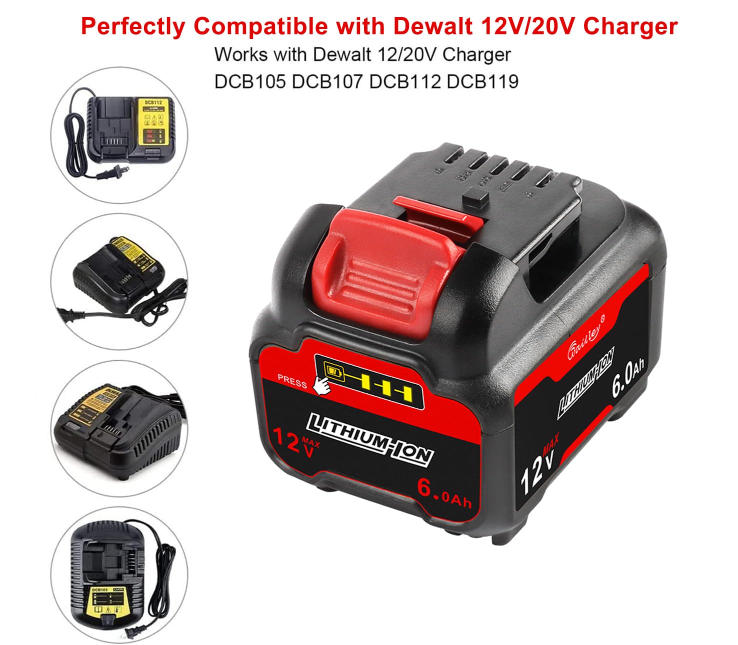 ZLWAWAOL 2 Pack DCB120 12V 6.0Ah Lithium Ion Battery Replacement for Dewalt 12V Battery DCB127 DCB124 DCB126 DCB123 Compatible with Dewalt 12V Cordless Power Tools