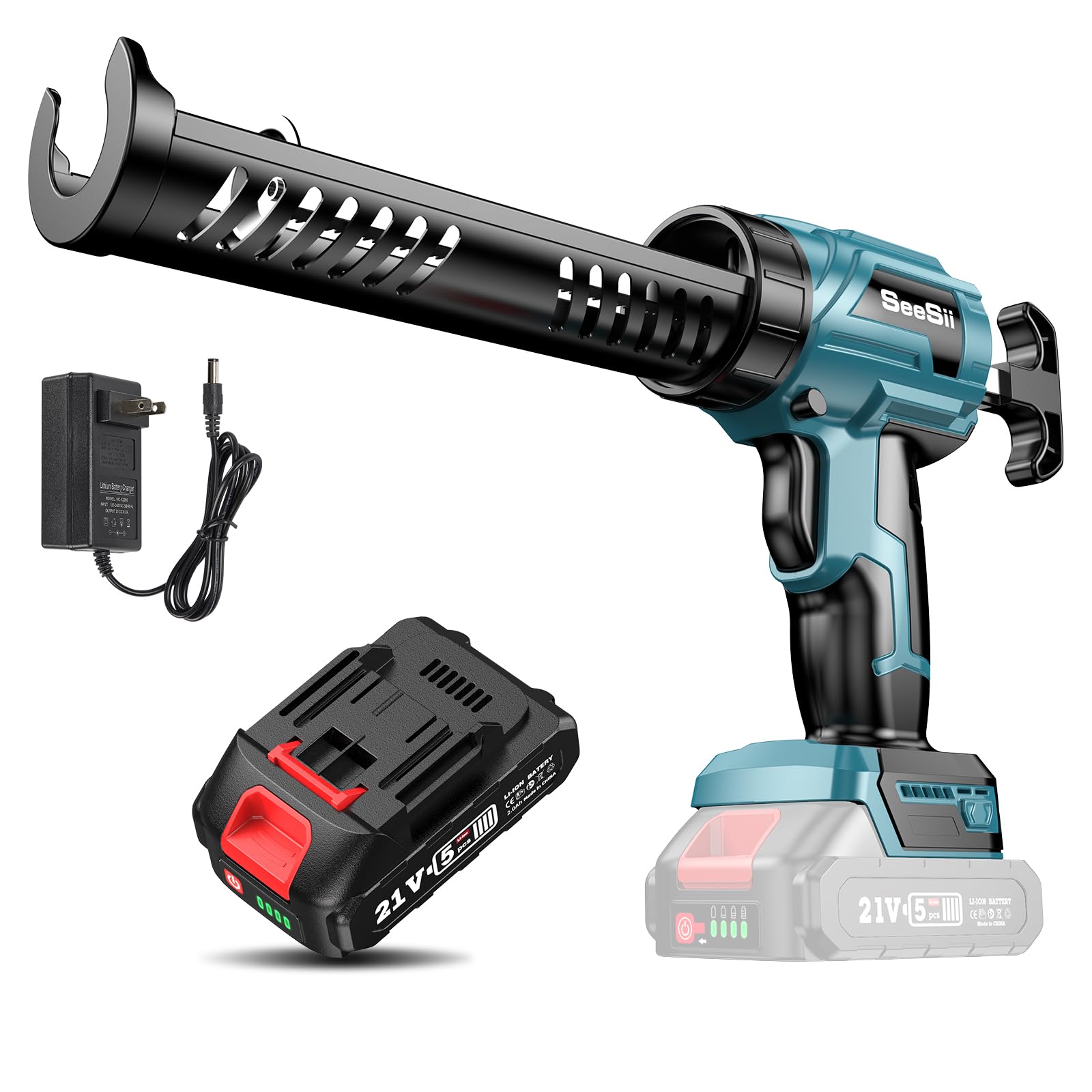 Cordless Caulking Gun, 21V Battery Powered Caulk Gun, Electric Caulking Gun w/4 Speeds, Auto Retract, 10oz/300ml No Drip Caulking Gun for Filling, Sealing