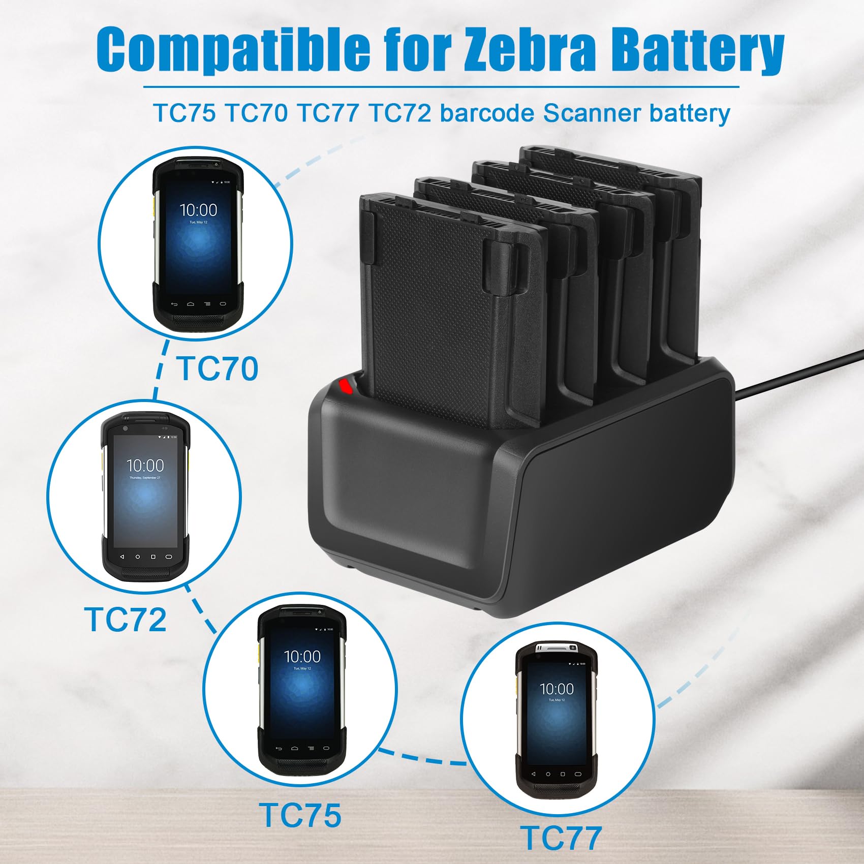 REACELL 4 Slots Battery Charging Cradle for Zebra Symbol TC70,TC77,TC72,TC75 Battery, Charging Accessories for Zebra Scanner Battery