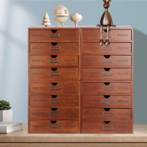 16 Drawer Wooden Storage Box (19.6”x6.89”x19.6”) Cabinet in Walnut Wood Wooden Desk Drawer Unit w/Label Holders & Handles for Living Rooms, Bedrooms, Offices