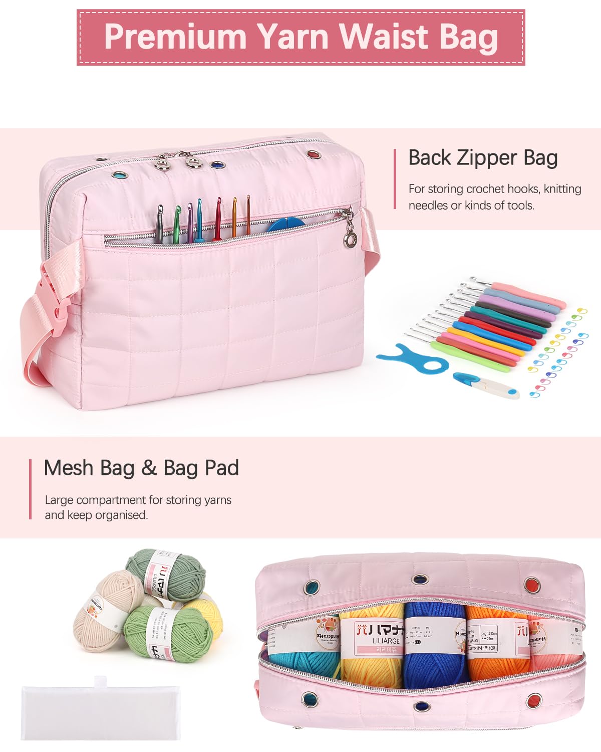 Aeelike Yarn Waist Bag, Portable Yarn Crossbody Bag Small Yarn Storage Bag for Holding Yarn Crochet Hooks Knitting Needles, Lightweight & Easy to Carry Yarn Bag, Pink