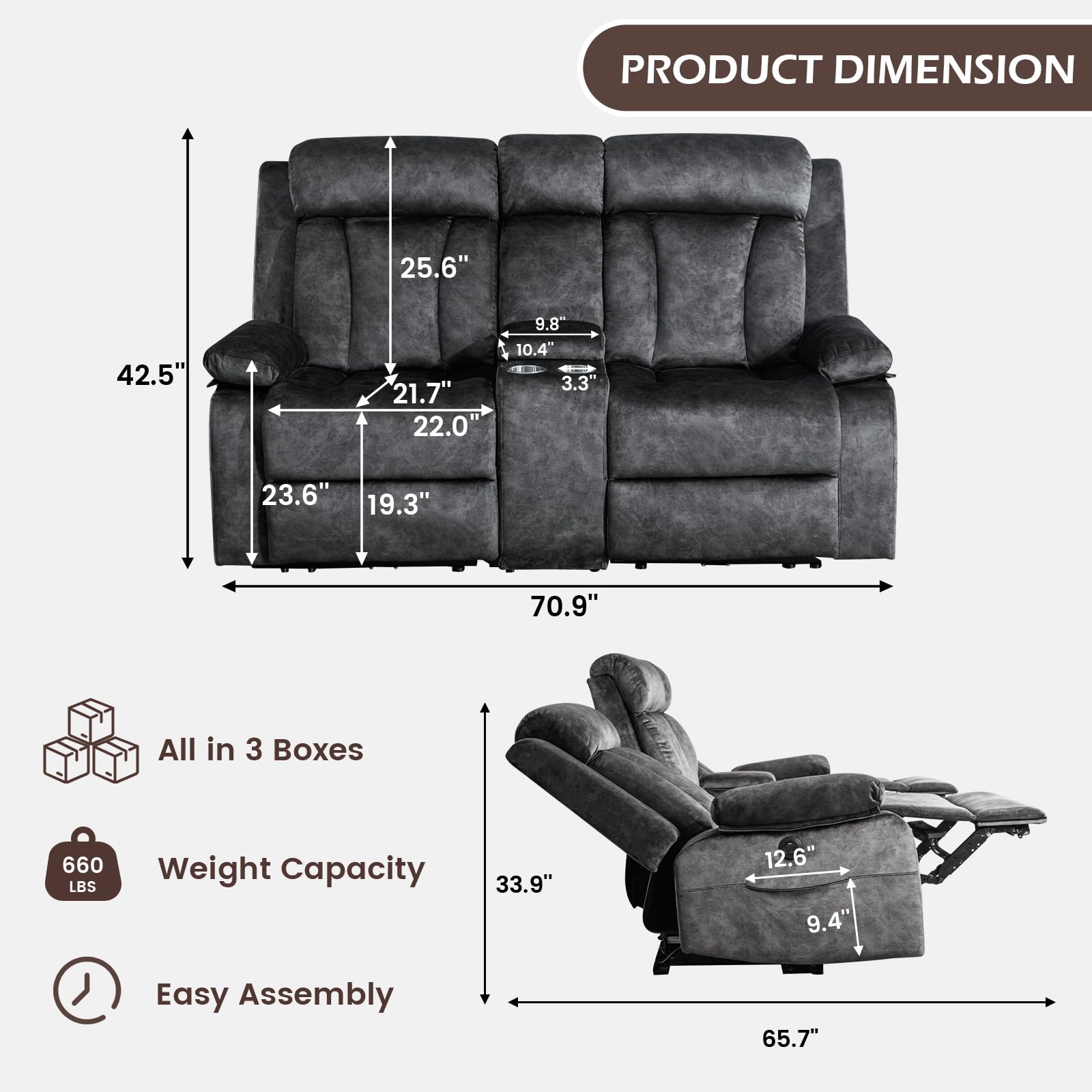 PALLOME Power Reclining Loveseat with Console, Loveseat Recliner Sofa with Massage & Heat, Perfect Electric Couch for Living Room (Gray)