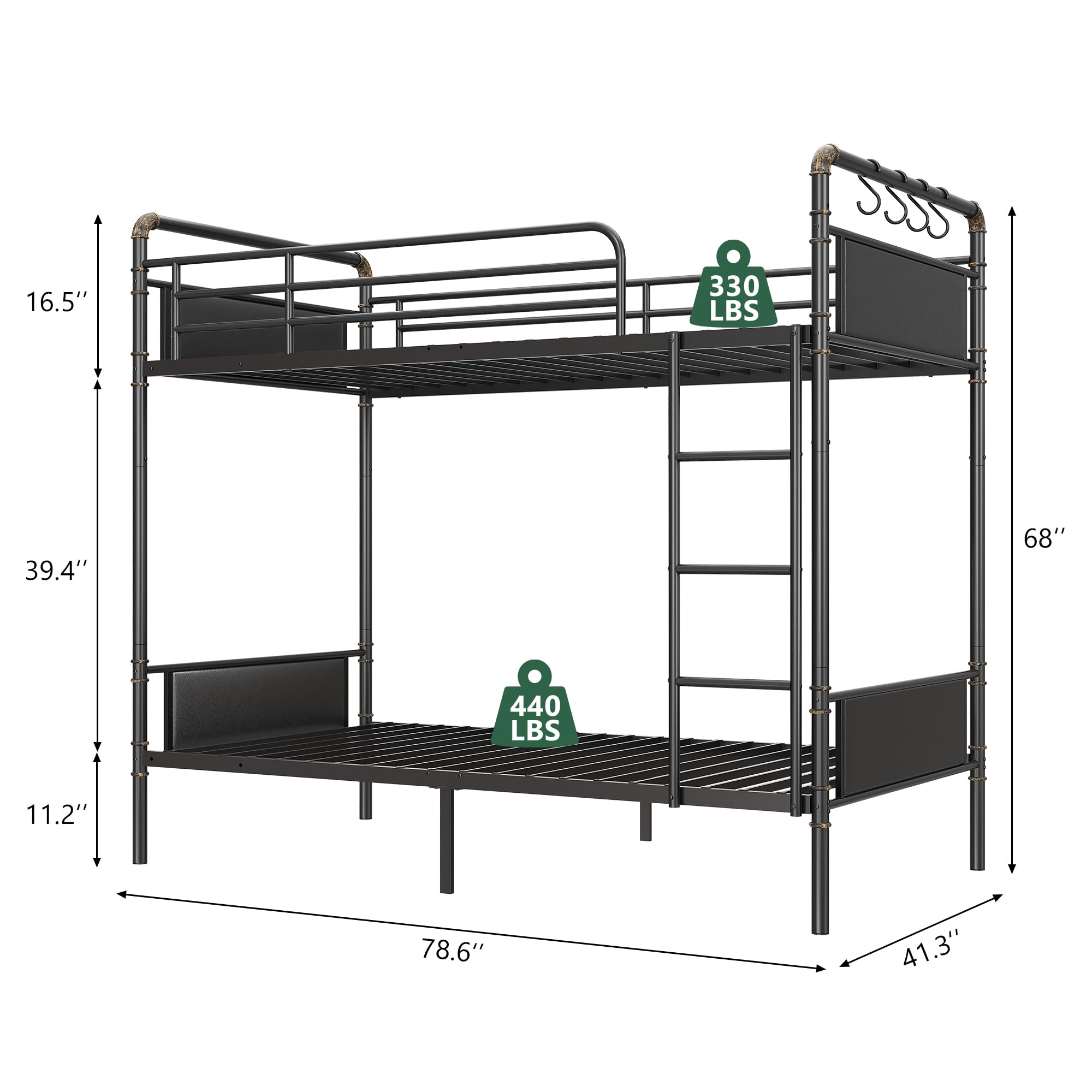 Jocoevol Metal Bunk Bed Twin Over Twin, Industrial Bunkbeds with Heavy Duty Bed with Safety Guard Rails and Space-Saving Design, Steel Bed for School, Bedroom (Black)