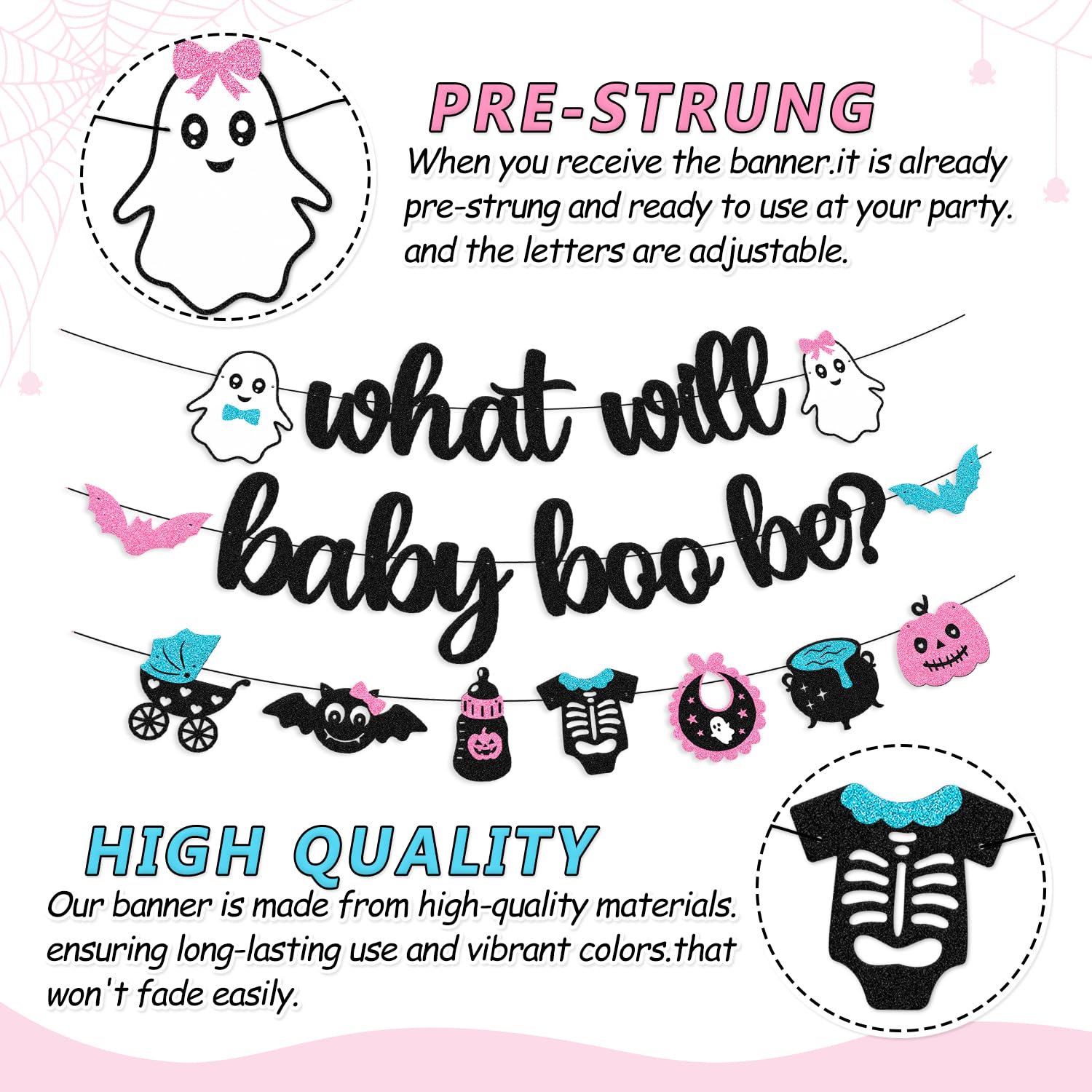 Halloween Gender Reveal Banner What will Baby Boo Be Banner Halloween Ghost Bats Theme Boo-y or Ghoul He or She Blue or Pink Boy or Girl Gender Reveal Baby Shower Party Supplies