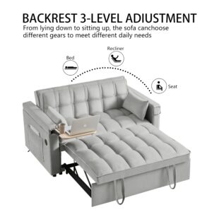 3 in 1 Sleeper Sofa Couch Bed, Convertible Sofa Bed with Side Table, Velvet Loveseat Pull Out Couch Bed with USB Port, Adjustable Backrest, Storage Pockets, for Living Room, Small Space, Office, Grey