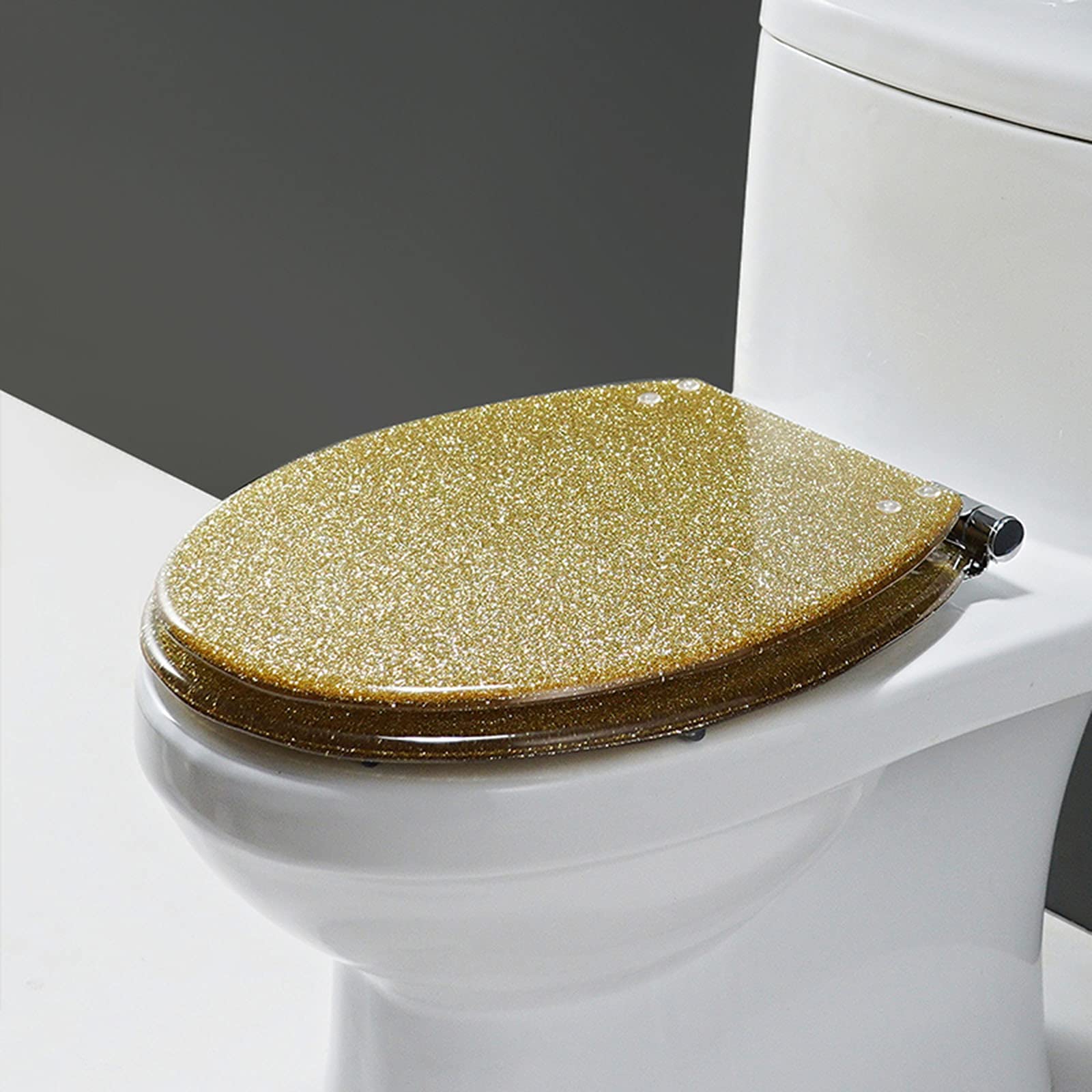 DFEDHF Resin Toilet Seat Glitter Toilet Seat Slow Close, Sparkle Toilet Seat Cover Oval, Easy Installation and Cleaning, Soft Close Toilet Seat, 36 * 42Cm,Black (Gold)