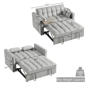 3 in 1 Sleeper Sofa Couch Bed, Convertible Sofa Bed with Side Table, Velvet Loveseat Pull Out Couch Bed with USB Port, Adjustable Backrest, Storage Pockets, for Living Room, Small Space, Office, Grey