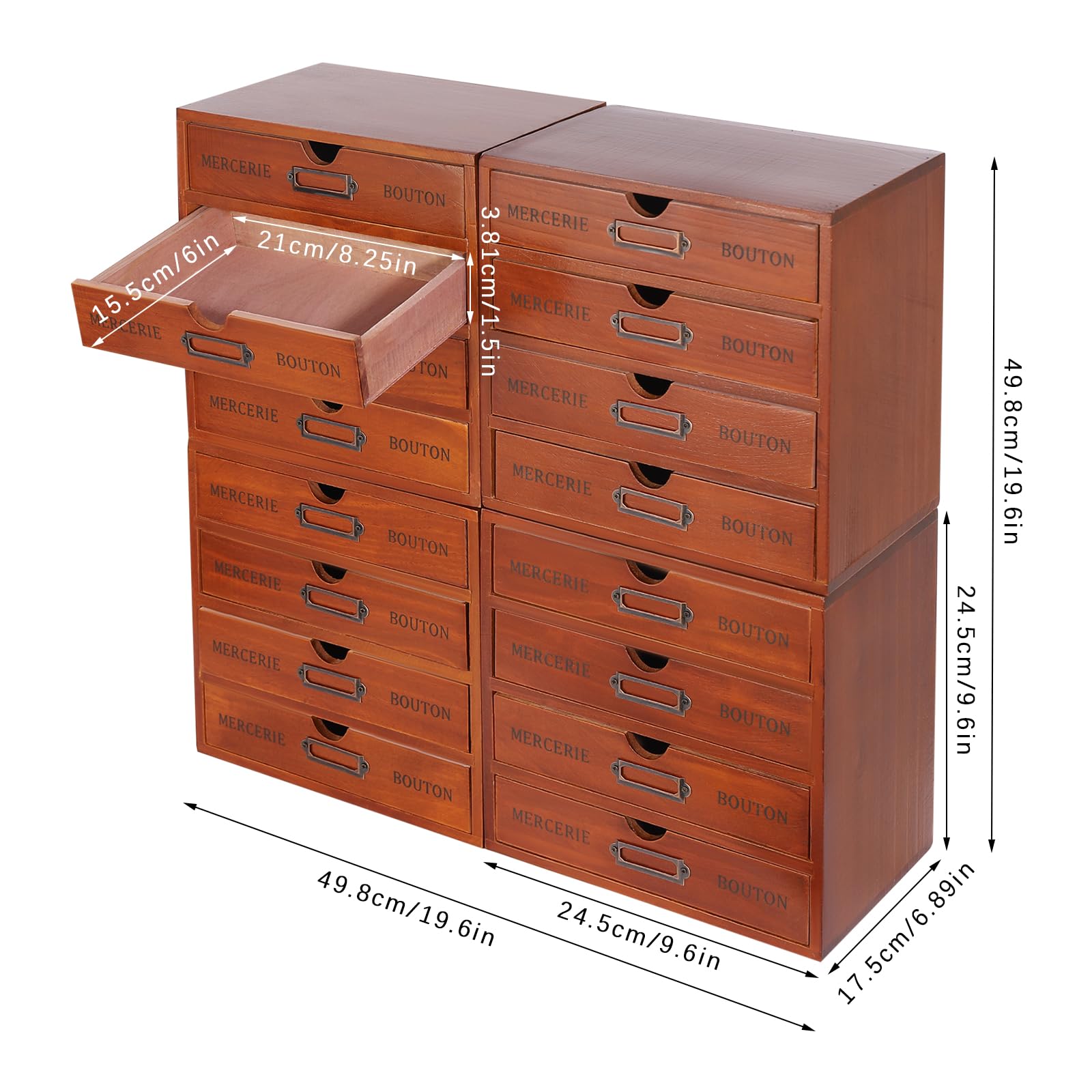 16 Drawer Wooden Storage Box (19.6”x6.89”x19.6”) Cabinet in Walnut Wood Wooden Desk Drawer Unit w/Label Holders & Handles for Living Rooms, Bedrooms, Offices