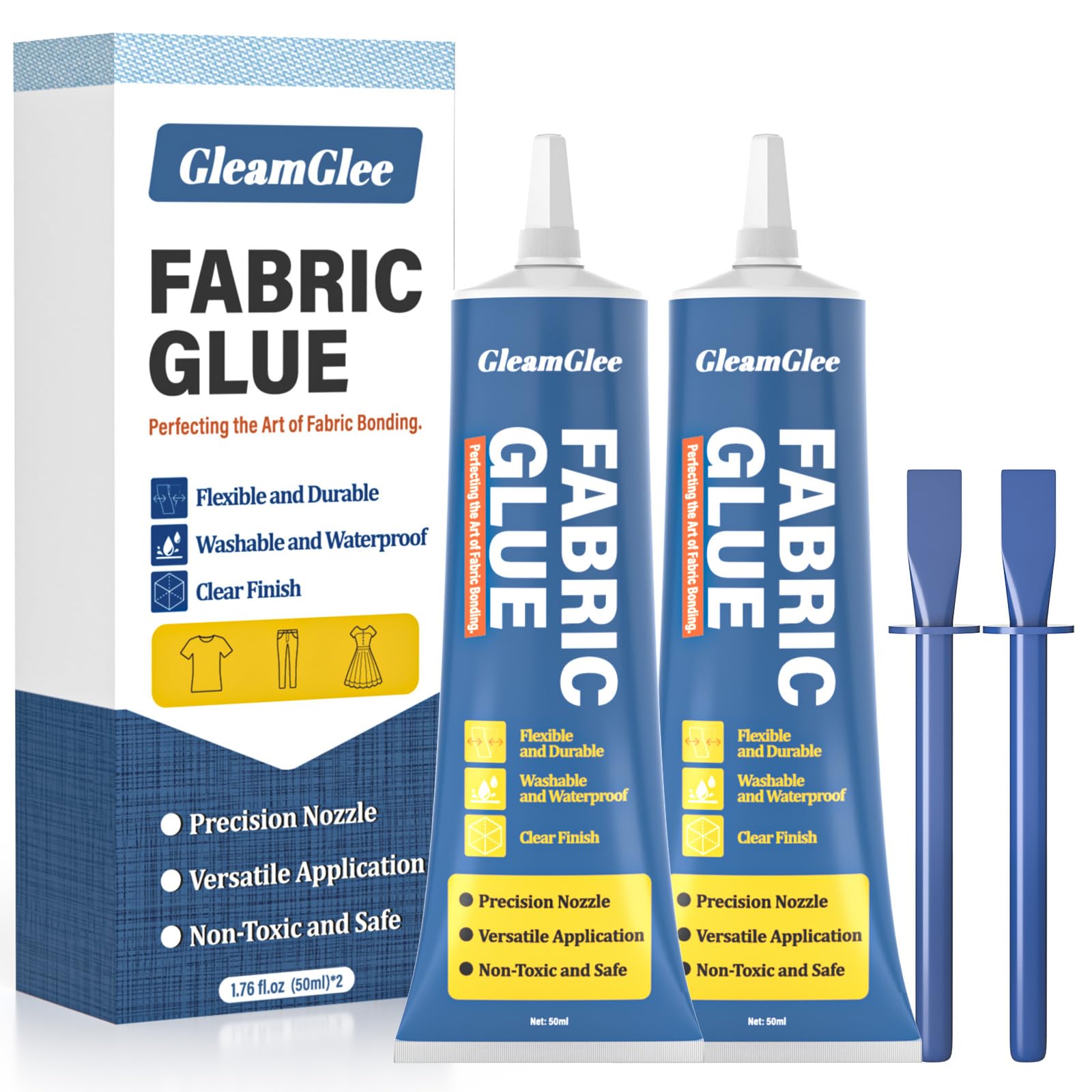 Fabric Glue Permanent, 100ml Extra Strong Fabric Adhesive, Washable Clear Clothing Glue for Clothes Repairs, Leather, Crafts, Upholstery, Material, Textile, Felt and Badges (2 x 50ml/1.76 oz)