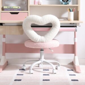 DUOMAY Faux Fur Kids Desk Chair, Heart Back Upholstered Computer Chair for Boys and Girls Cute Swivel Height Adjsutable Study Arm Chair for Child Home Bedroom, Pink & White