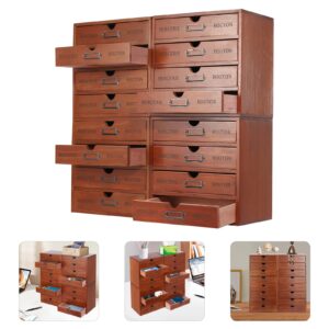 16 Drawer Wooden Storage Box (19.6”x6.89”x19.6”) Cabinet in Walnut Wood Wooden Desk Drawer Unit w/Label Holders & Handles for Living Rooms, Bedrooms, Offices