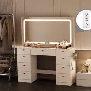 JassmiPkwy Makeup Vanity Desk with Mirror - 46 INCH Glass Tabletop Vanity Table with Lights, Drawers, Power Outlet, Large Storage Desk for Bedroom, White