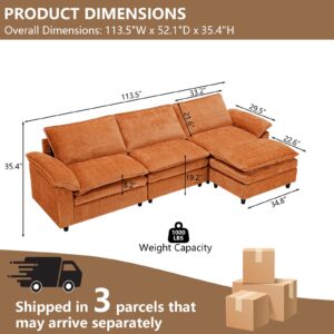 KIVENJAJA Modular Cloud Sectional Couch, Chenille L Shaped Sectional Sofa with Ottoman, Modern Comfy 4 Seater Sofas for Living Room Apartment Office, 113.5”W, Orange