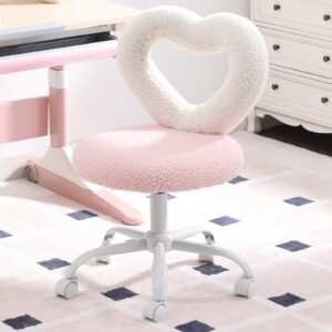 duomay faux fur kids desk chair, heart back upholstered computer chair for boys and girls cute swivel height adjsutable study arm chair for child home bedroom, pink & white