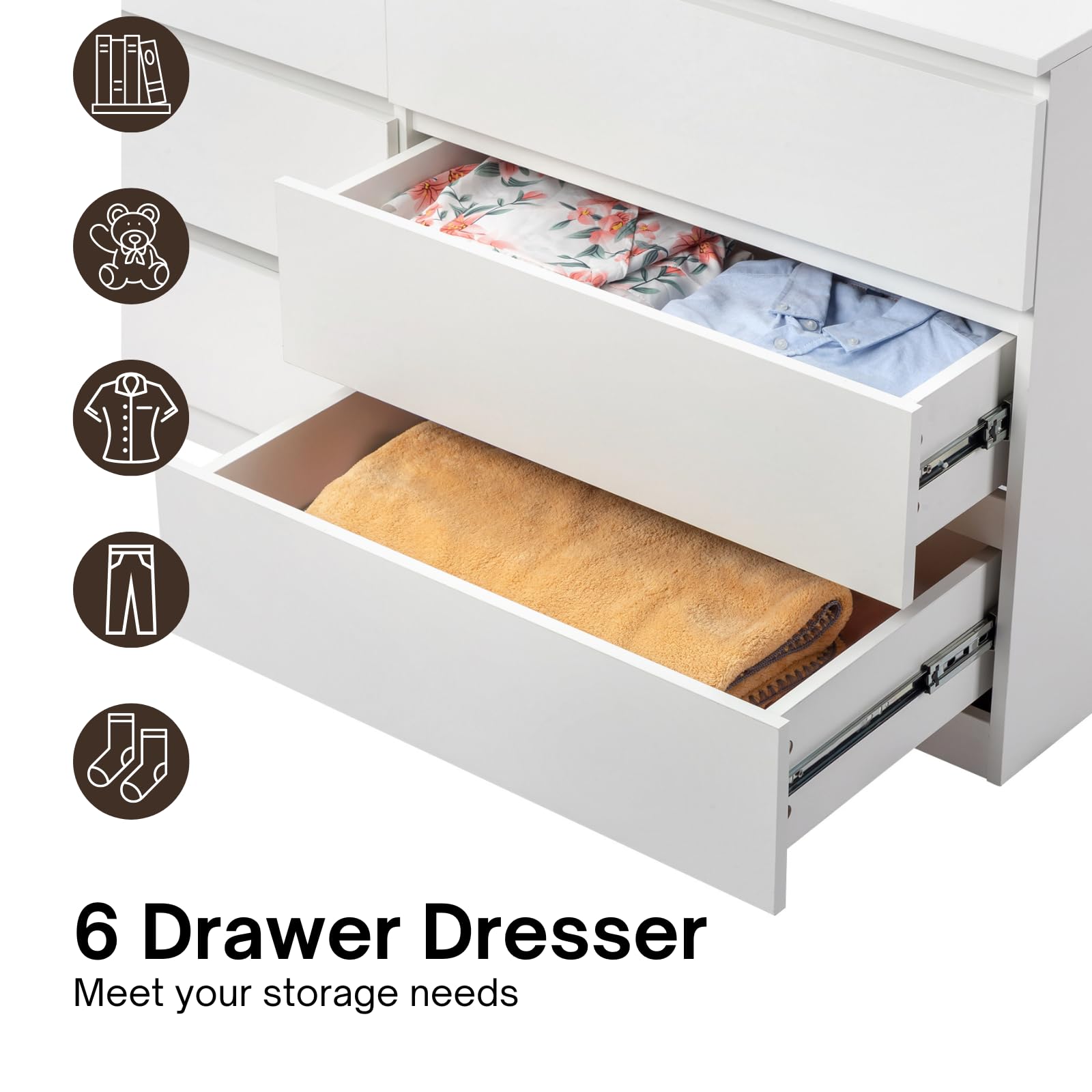 HOBBYZOO 6 Drawer White Dresser for Bedroom, Wood Dresser with Drawers, 55" Long Dresser with Drawers, Bedroom Furniture with Large Storage, Double Dresser Chest of Drawers