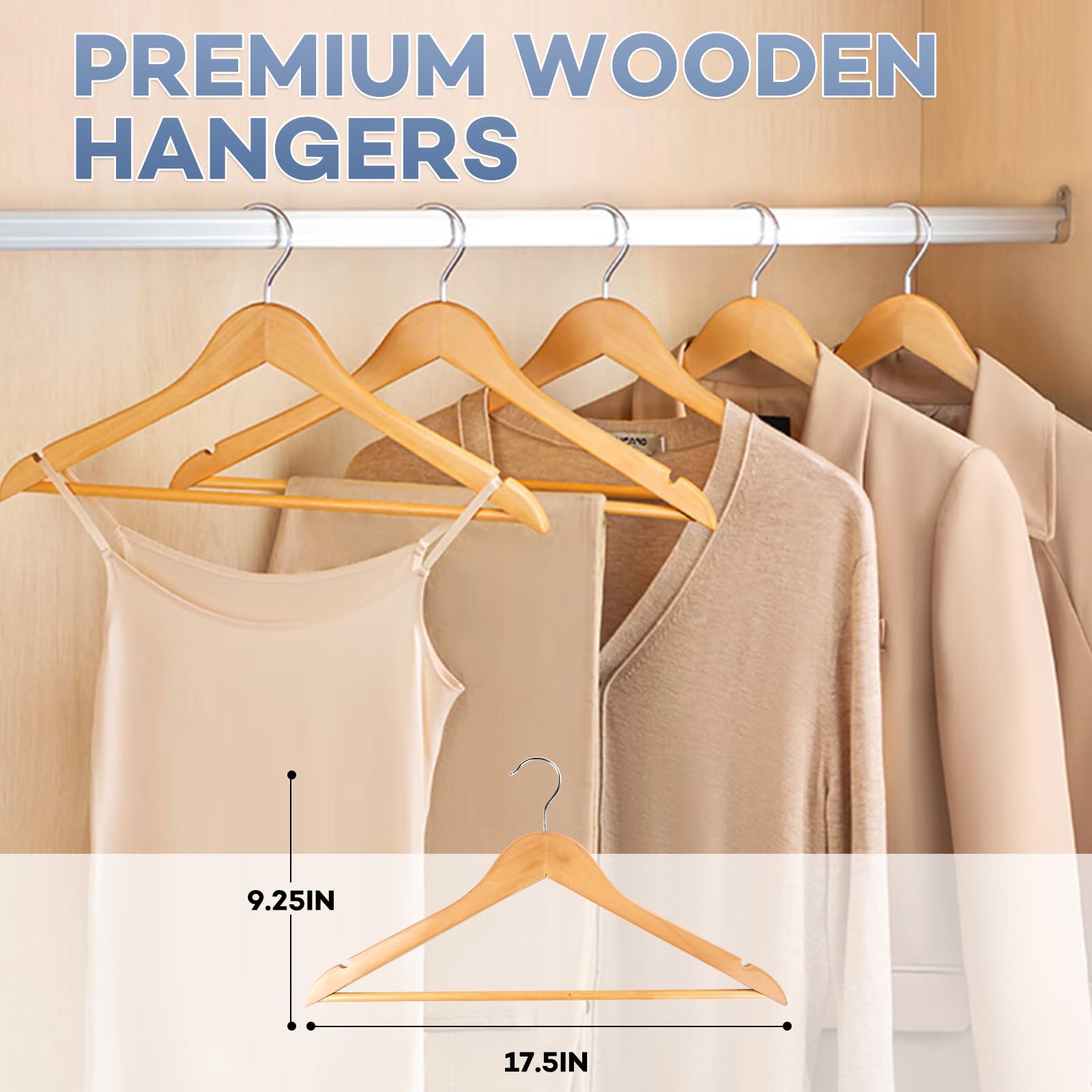 Wooden Hangers 40 Pack, Heavy Duty Wood Hangers for Coats, Suits, Jackets, Closet & Pants Durable Premium Wood Hangers with 360-Degree Rotatable Hook and Notches, Natural