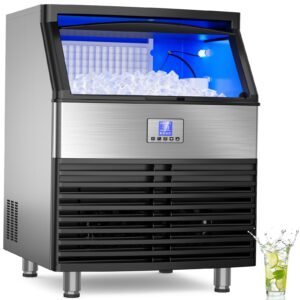 commercial ice maker machine 450 lbs/24h, ice maker commercial stainless with 120 lbs storage, freestanding ice maker machine ready ice cubes in 8-10 mins, thicknesses adjustable