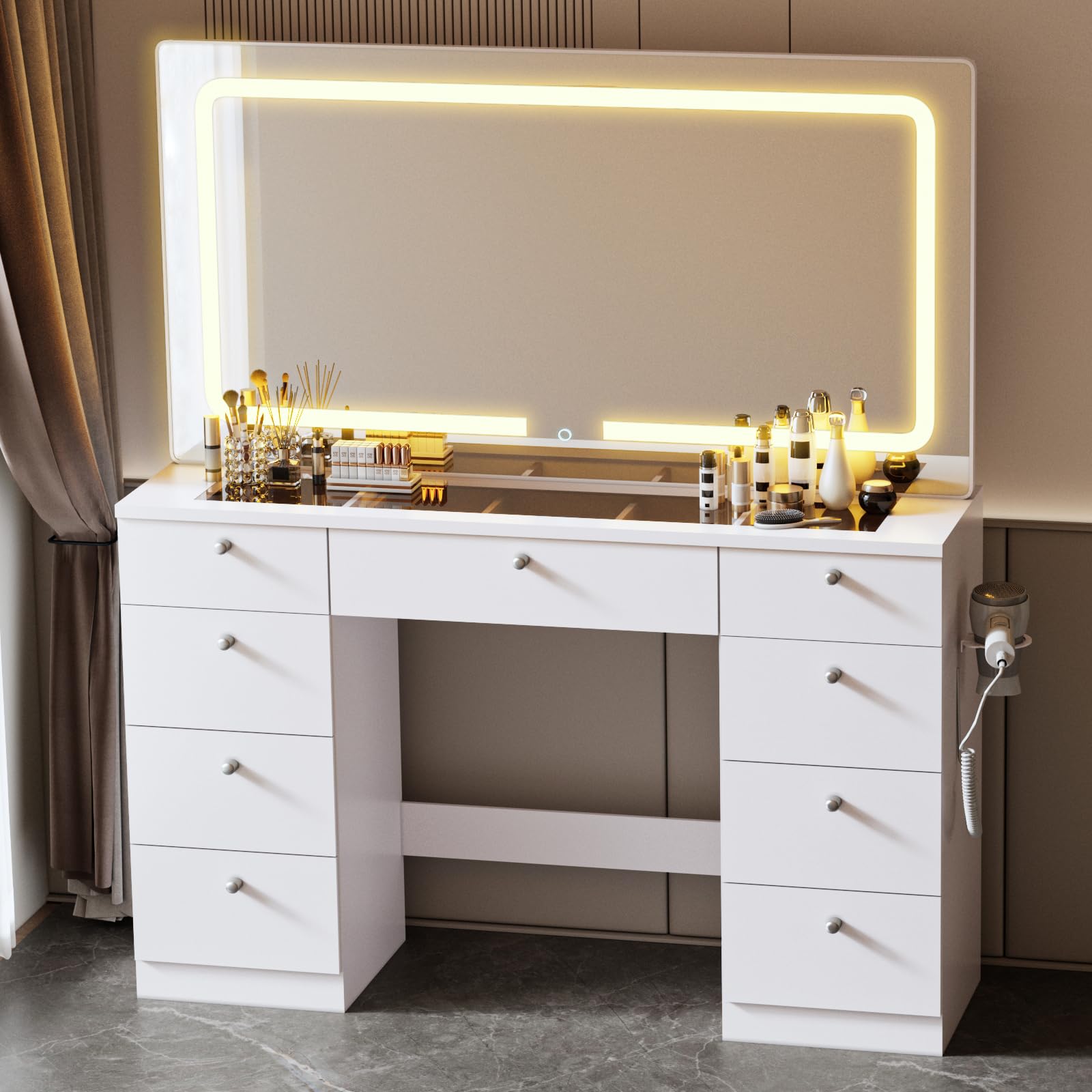 JassmiPkwy Makeup Vanity Desk with Mirror - 46 INCH Glass Tabletop Vanity Table with Lights, Drawers, Power Outlet, Large Storage Desk for Bedroom, White