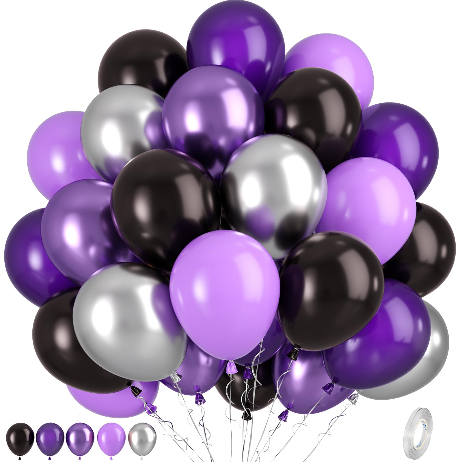 Purple Black Silver Balloons, Purple and Black Balloons, Metallic Purple Silver Balloons for Birthday Baby Shower Halloween Theme Party Wedding Graduation Bridal Shower Bachelorette Decorations