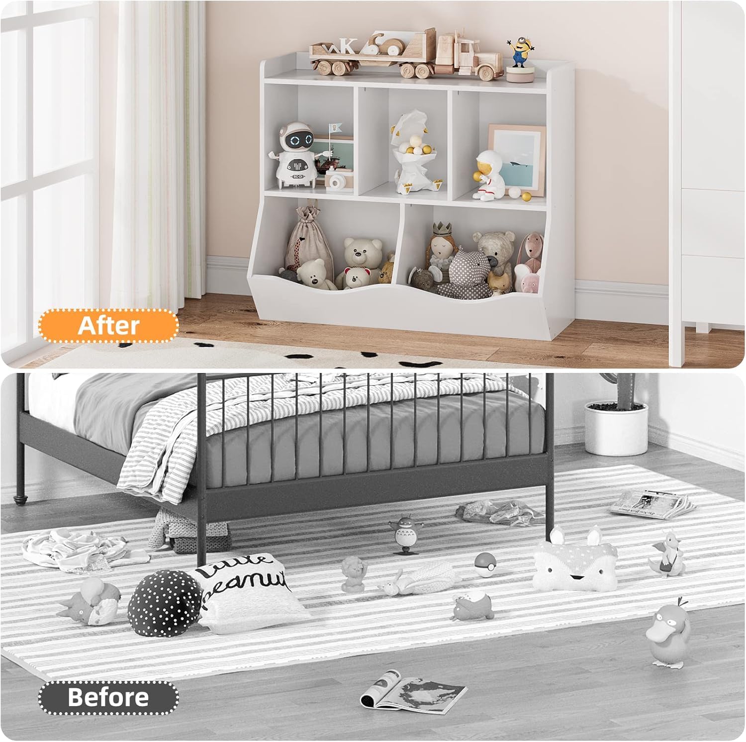 SUNNYFURN Kids 2-Tier Toy Storage Organizer Bookshelf - 5 Compartment Bookshelf & Toy Shelf for Kids' Room, Bedroom, Living Room, and Kindergarten - for Toys and Books White