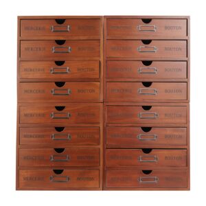 16 drawer wooden storage box (19.6”x6.89”x19.6”) cabinet in walnut wood wooden desk drawer unit w/label holders & handles for living rooms, bedrooms, offices