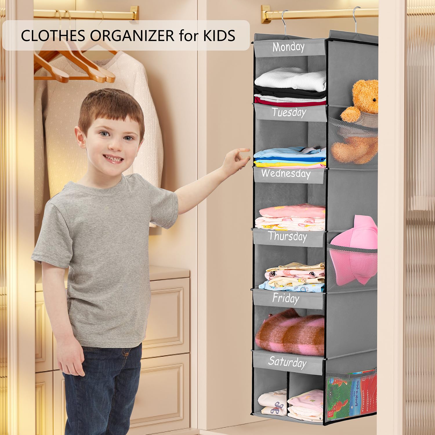 TEMUORG Weekly School Clothes Organizer Days of Week Clothing Organization for Kids Hanging Closet Shelf Storage with Monday to Saturday Layers (Rod Hanging)