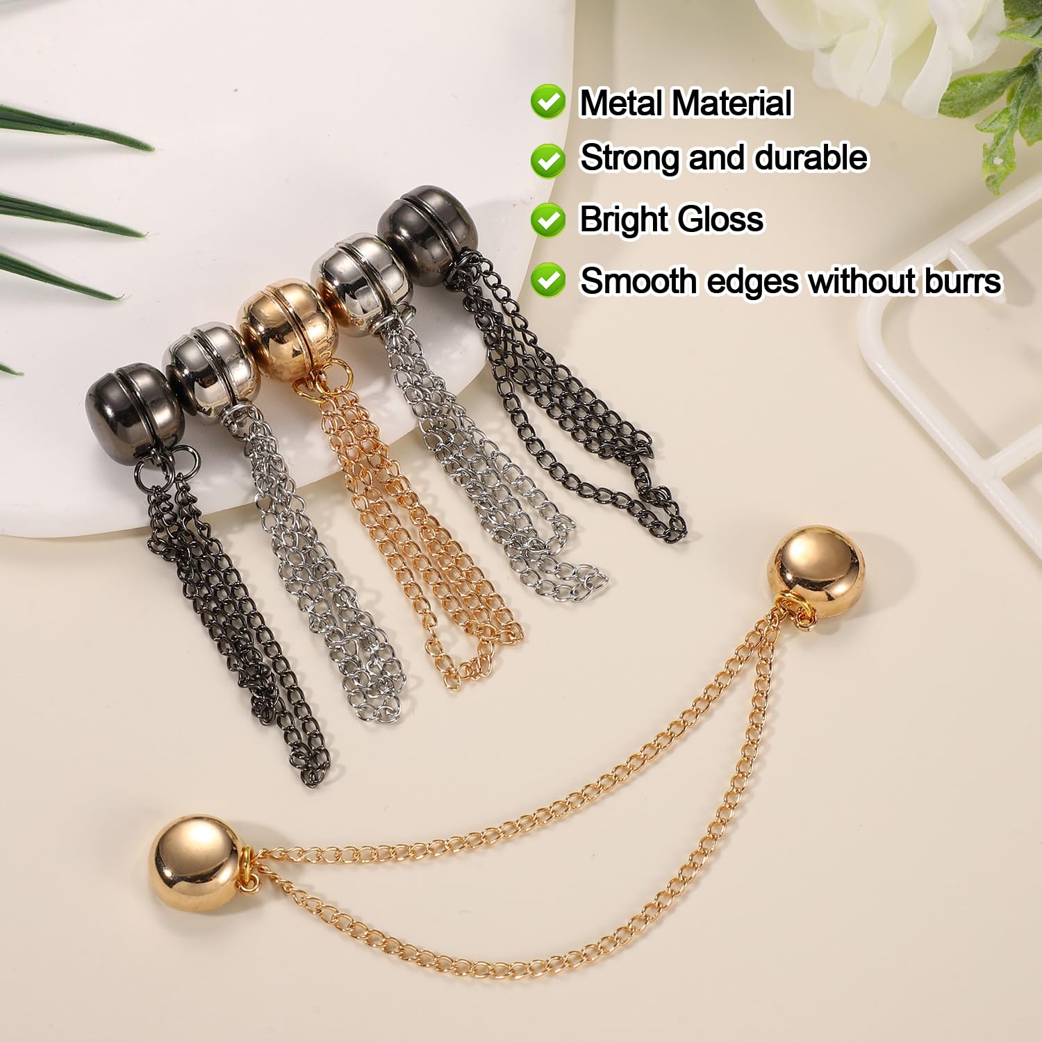 6pcs Magnet Clothing Pins, Metal Magnetic Clothing Clips with Chain Multi-Use Strong Magnet Pin Magnetic Button Clips for Fixing Hem of Hijab Clothes Long Pants Legs Sleeves of Shirts(Round Style)