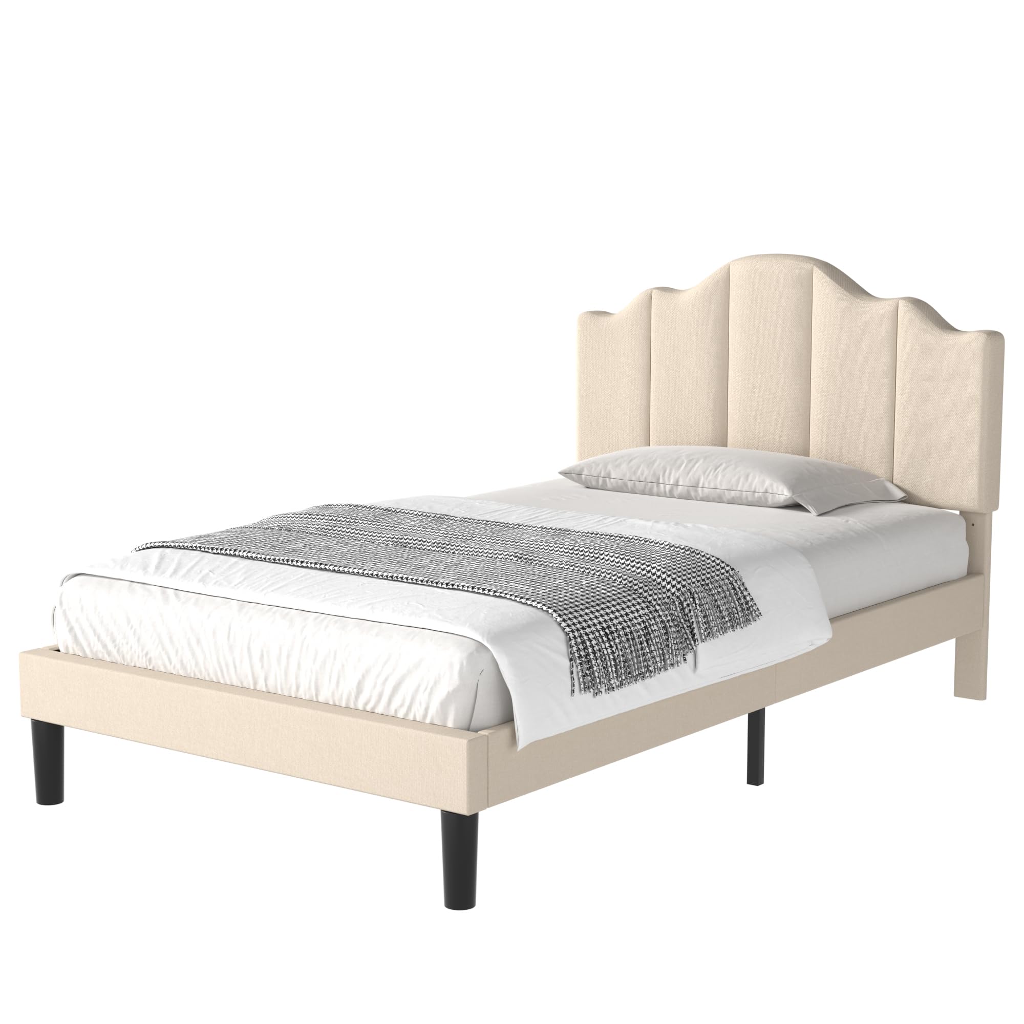 VECELO Twin Size Upholstered Platform Bed Frame with Adjustable Headboard, Wood Slat Support and Noise-Free, No Box Spring Needed, Easy Assembly, Pale Beige